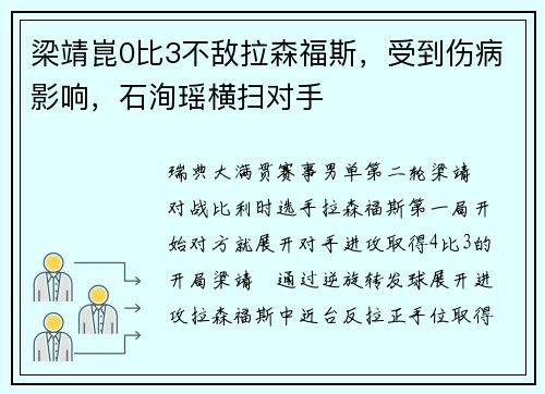 梁靖崑0比3不敌拉森福斯,受到伤病影响,石洵瑶横扫对手 梁靖崑0比3不敌拉森福斯,受到伤病影响,石洵瑶横扫对手