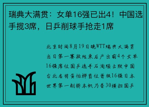瑞典大满贯：女单16强已出4！中国选手揽3席，日乒削球手抢走1席